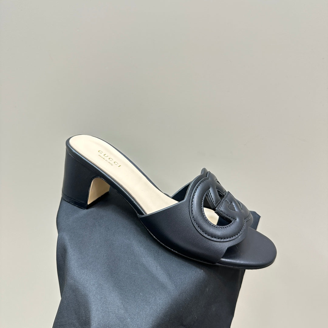 MID-HEEL 5 CM MULE IN BLACK CALFSKIN