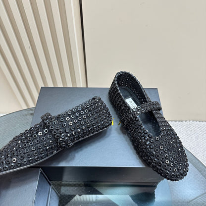 BALLET FLATS IN GLASS EYELET SUEDE GOATSKIN BLACK