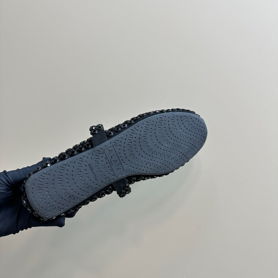 BALLET FLATS IN GLASS EYELET SUEDE GOATSKIN BLACK