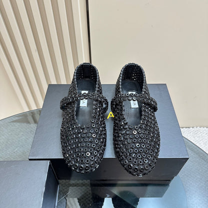 BALLET FLATS IN GLASS EYELET SUEDE GOATSKIN BLACK