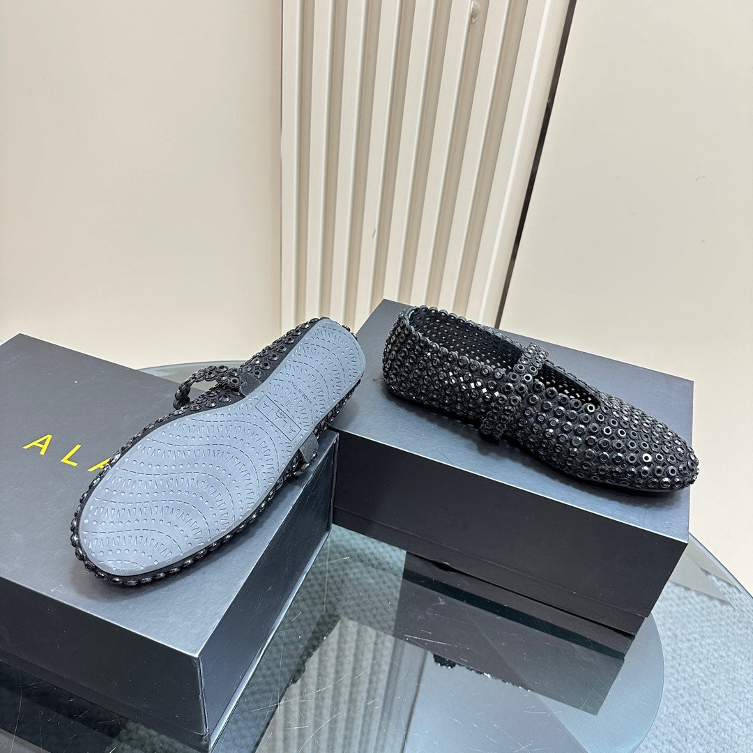 BALLET FLATS IN GLASS EYELET SUEDE GOATSKIN BLACK