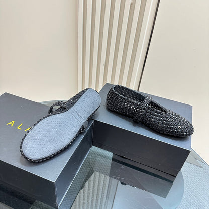 BALLET FLATS IN GLASS EYELET SUEDE GOATSKIN BLACK