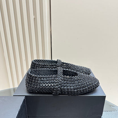 BALLET FLATS IN GLASS EYELET SUEDE GOATSKIN BLACK