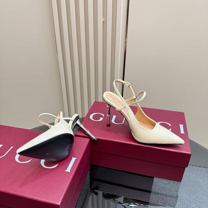 POINTED-TOE HIGH BAMBOO-EFFECT HEEL SLINGBACK IN CREAM PATENT CALFSKIN