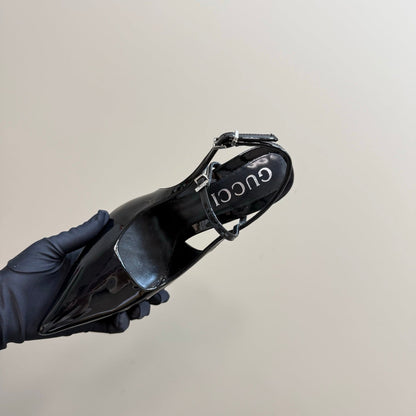 POINTED-TOE HIGH BAMBOO-EFFECT HEEL SLINGBACK IN BLACK PATENT CALFSKIN