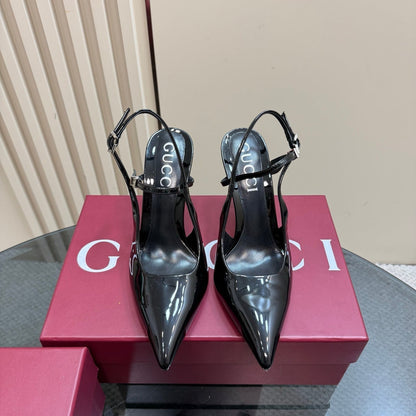 POINTED-TOE HIGH BAMBOO-EFFECT HEEL SLINGBACK IN BLACK PATENT CALFSKIN