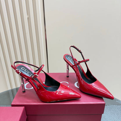 POINTED-TOE HIGH BAMBOO-EFFECT HEEL SLINGBACK IN RED PATENT CALFSKIN