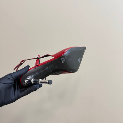 POINTED-TOE HIGH BAMBOO-EFFECT HEEL SLINGBACK IN RED PATENT CALFSKIN