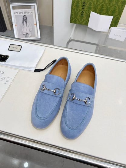 LOAFERS WITH SILVER HARDWARE IN CORNFLOWER BLUE SUEDE