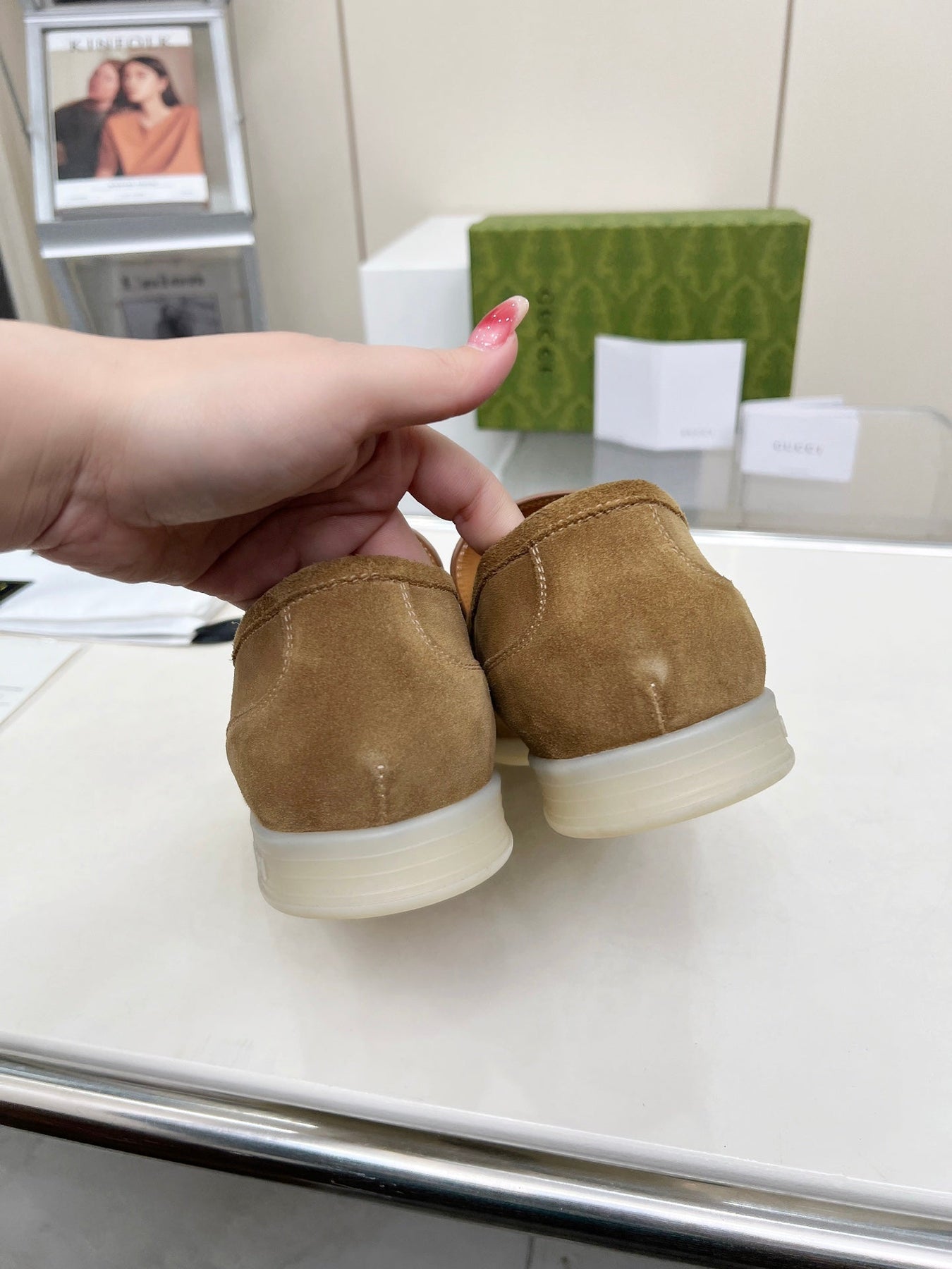 LOAFERS WITH SILVER HARDWARE IN CIDER BROWN SUEDE