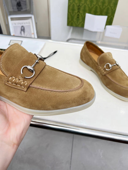 LOAFERS WITH SILVER HARDWARE IN CIDER BROWN SUEDE