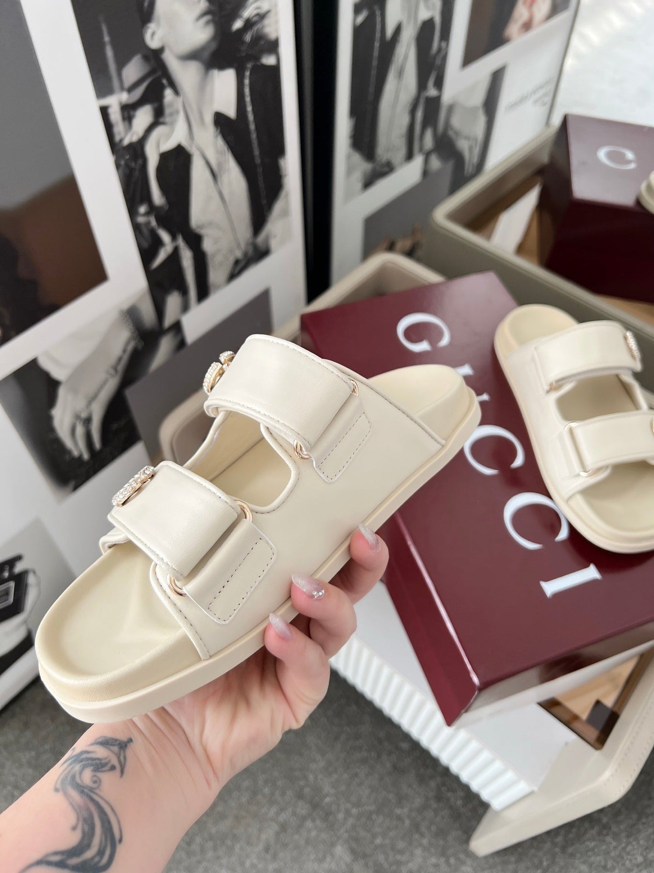 DOUBLE G CRYSTAL FLAT SANDALS IN IVORY SOFT LAMBSKIN