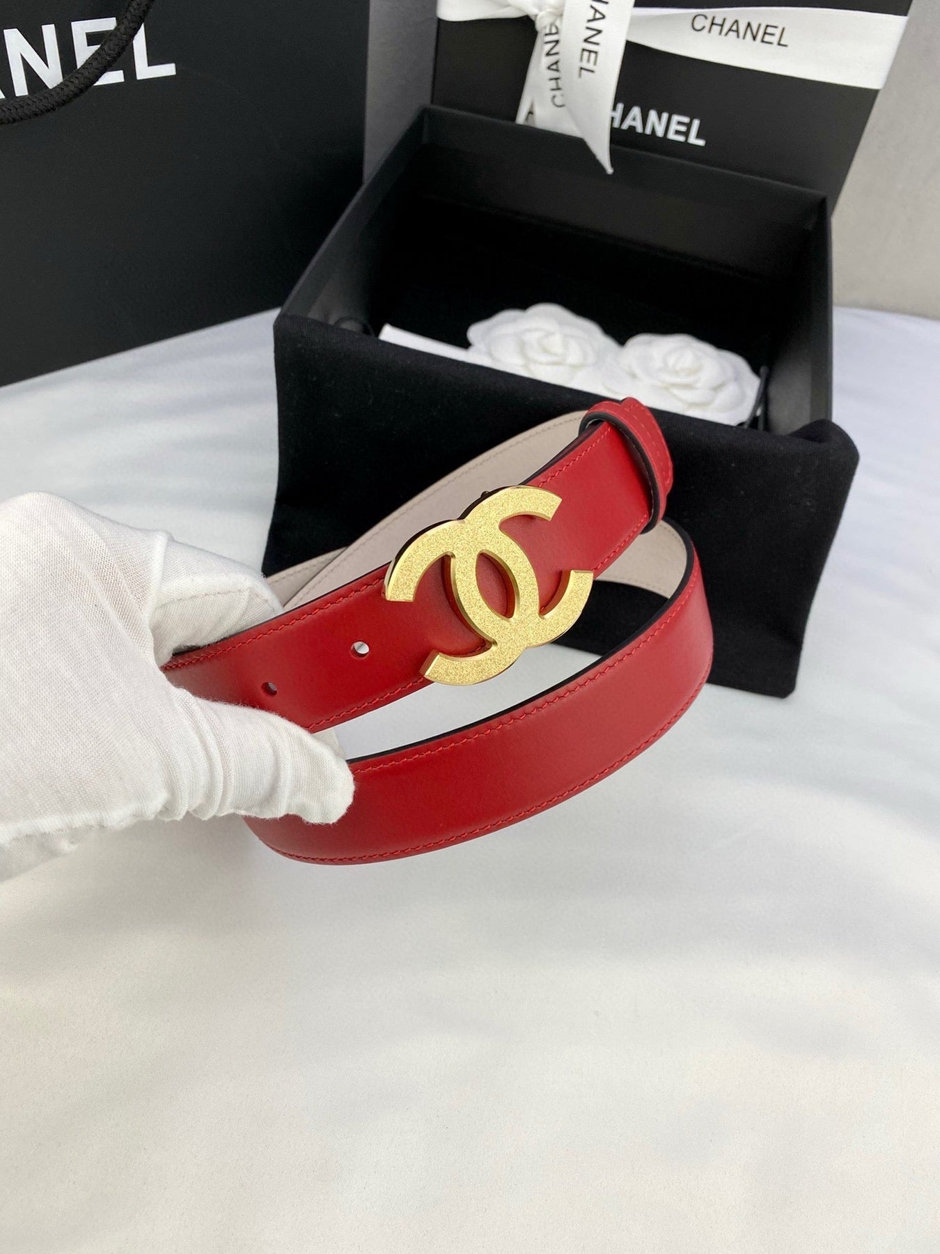 DOUBLE C BELT 30MM IN RED CALFSKIN METAL BUCKLE