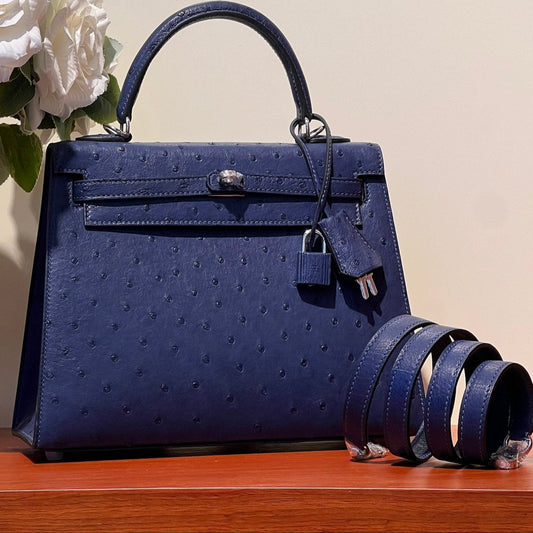KELLY SELLIER 25 BAG IN NAVY BLUE OSTRICH LEATHER WITH SILVER HARDWARE