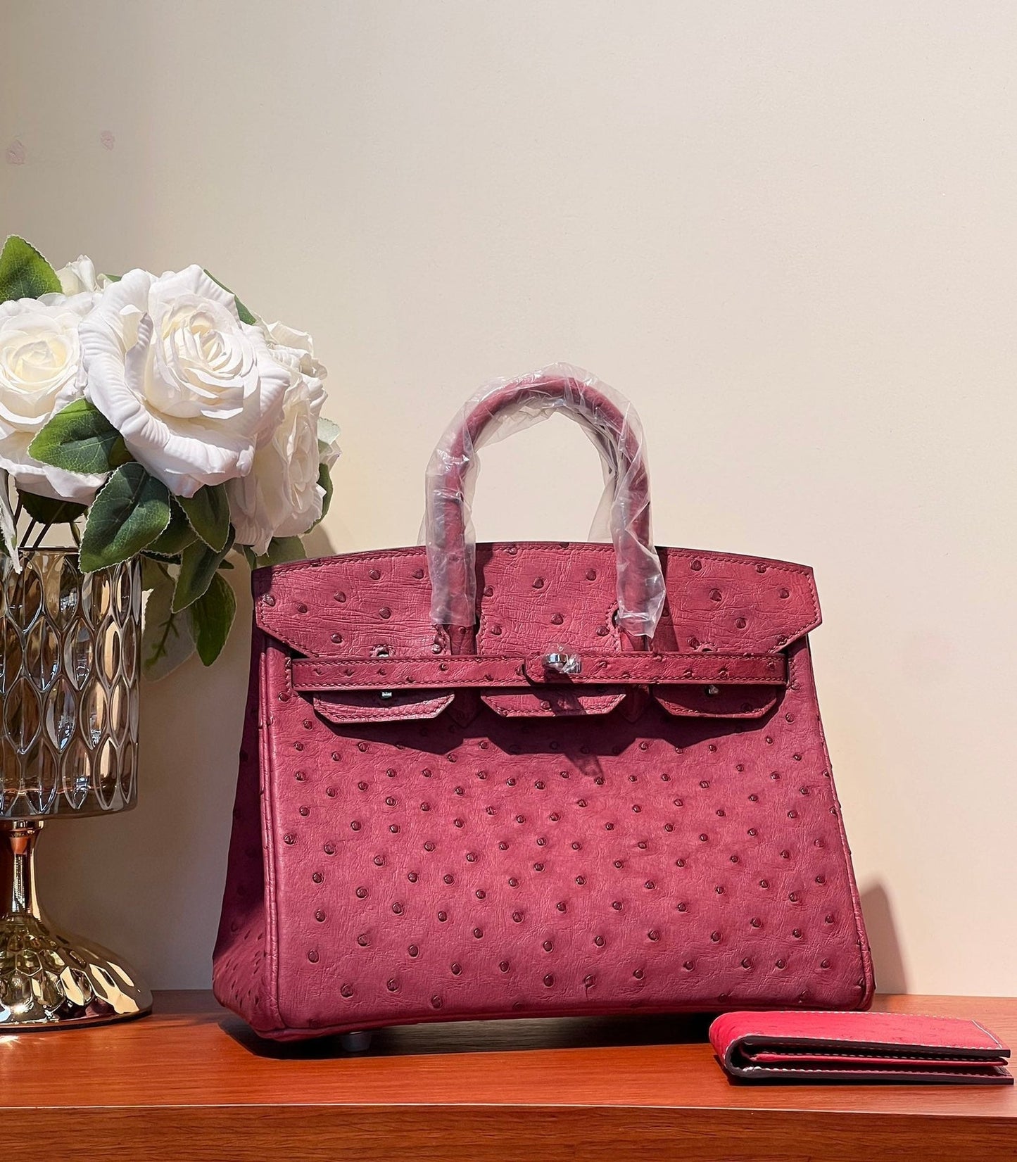 KELLY SELLIER 25 BAG IN CURRANT RED OSTRICH LEATHER WITH SILVER HARDWARE