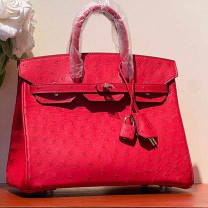 KELLY SELLIER 25 BAG IN CLASSIC RED OSTRICH LEATHER WITH GOLD HARDWARE