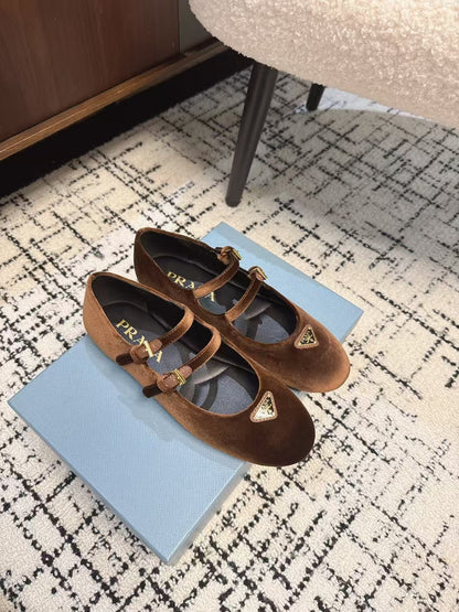 MARY JANE FLAT WITH TRIANGLE LOGO IN RUSSET BROWN VELVET