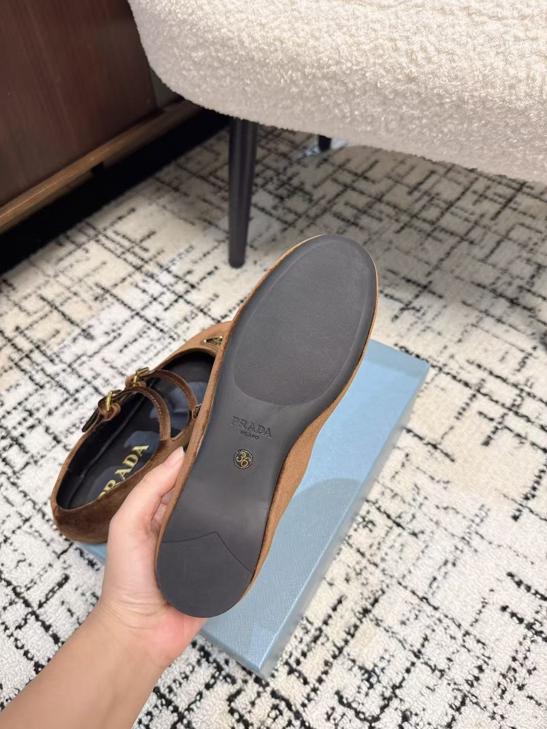 MARY JANE FLAT WITH TRIANGLE LOGO IN RUSSET BROWN VELVET