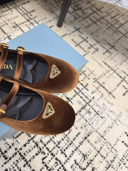 MARY JANE FLAT WITH TRIANGLE LOGO IN RUSSET BROWN VELVET