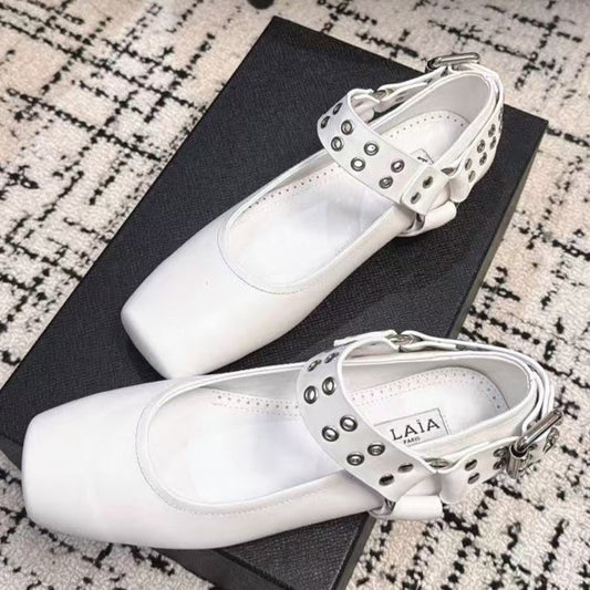 BIKER BALLET FLATS IN WHITE CALFSKIN