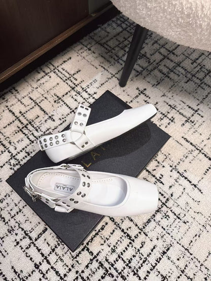 BIKER BALLET FLATS IN WHITE CALFSKIN