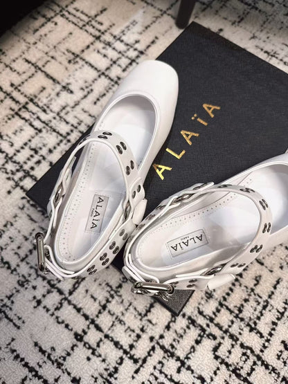 BIKER BALLET FLATS IN WHITE CALFSKIN