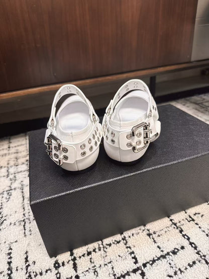 BIKER BALLET FLATS IN WHITE CALFSKIN