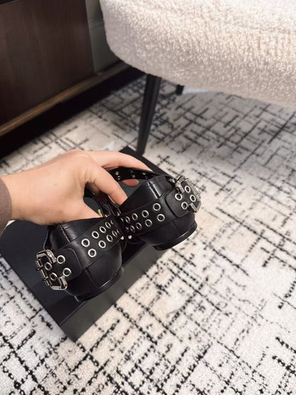 BIKER BALLET FLATS IN BLACK CALFSKIN