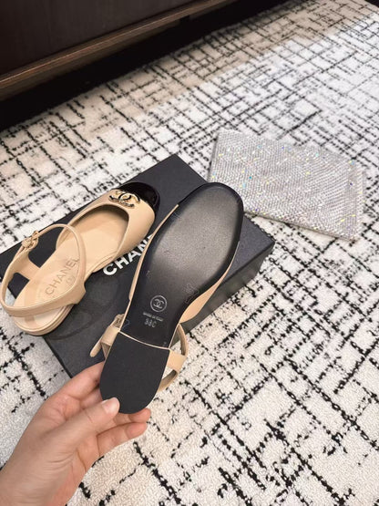 FLAT SLINGBACKS IN MACAROON BEIGE MIX BLACK CALFSKIN