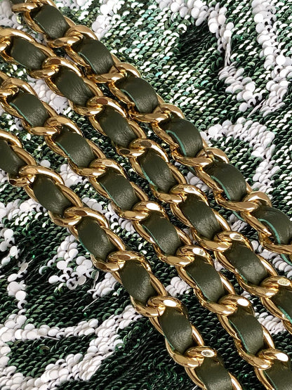 FLAP BAG 21 IN BASIL GREEN MIX WHITE SHINY SEQUINS GOLD HARDWARE