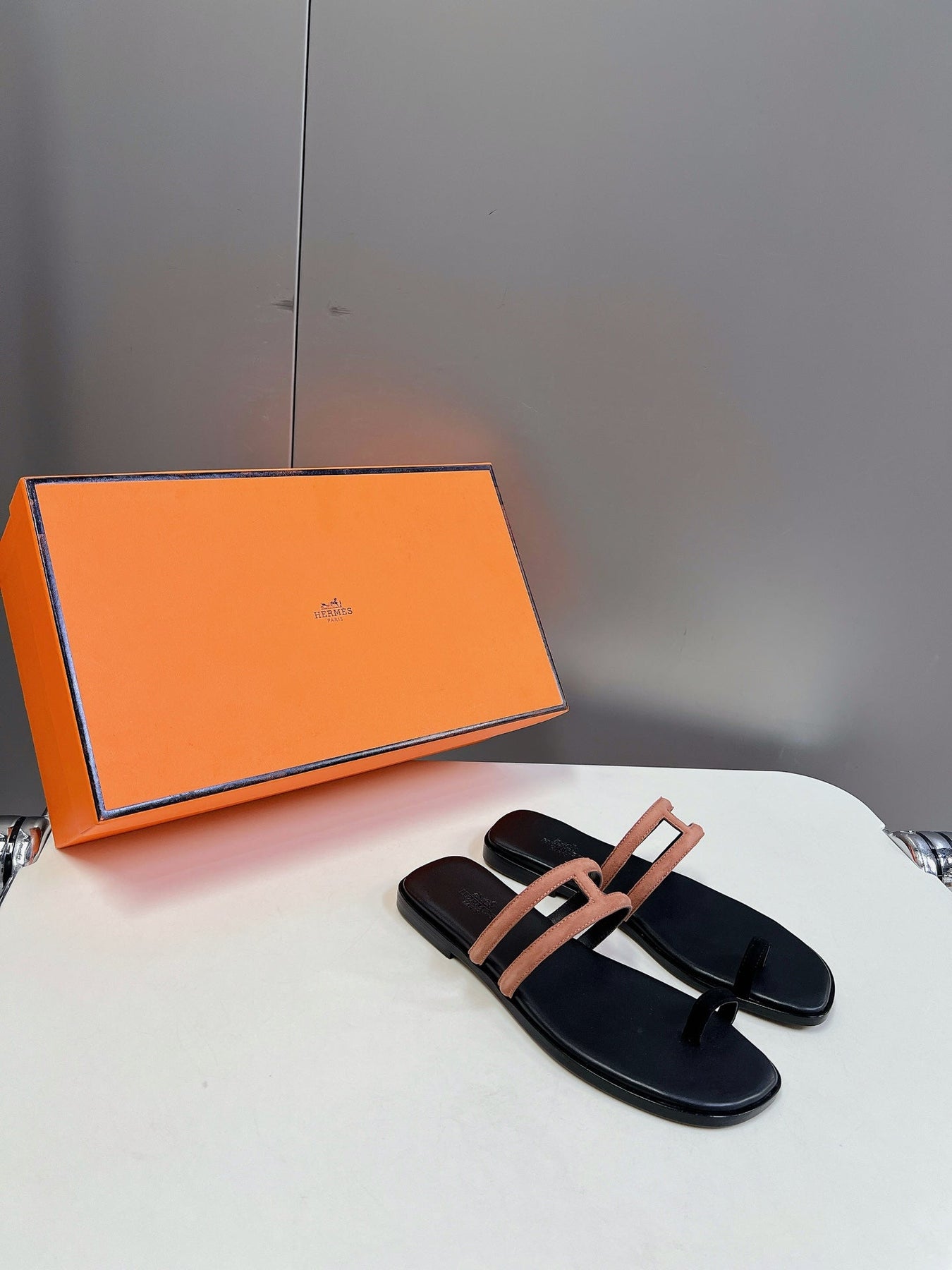 Georgia Sandals Peach Suede Black Calfskin