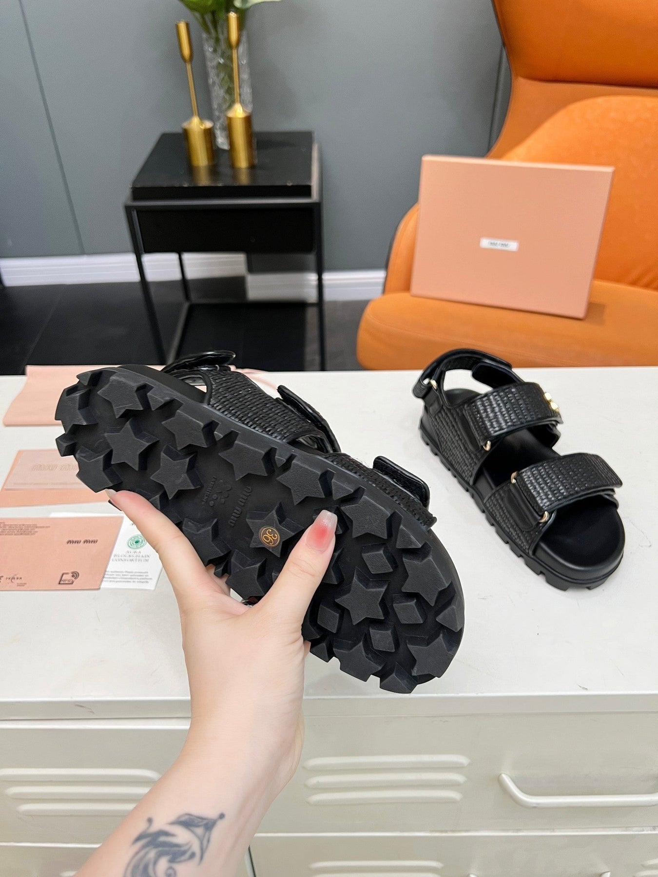 SANDALS BLACK SHEEPSKIN WITH 2 HORIZONTAL STRAPS