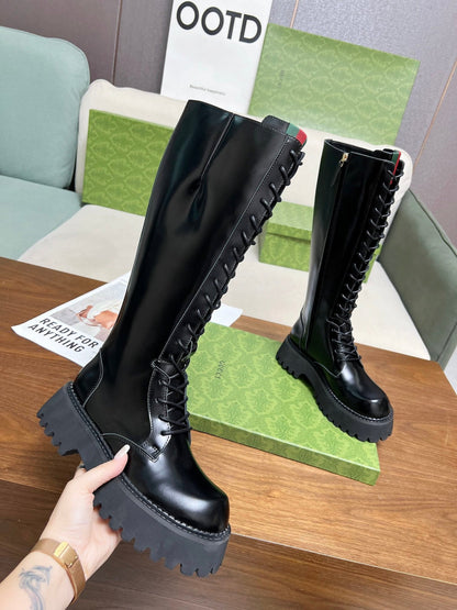 GG MARTIN LACE-UP KNEE BOOTS WITH WEB IN BLACK GLOSSY CALFSKIN