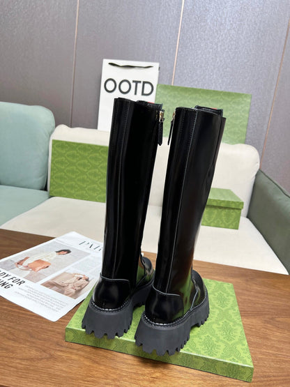 GG MARTIN LACE-UP KNEE BOOTS WITH WEB IN BLACK GLOSSY CALFSKIN