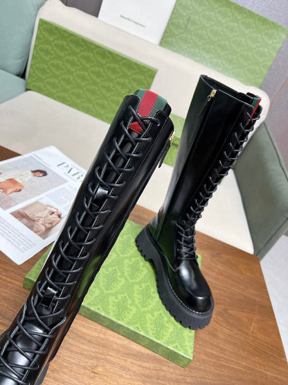 GG MARTIN LACE-UP KNEE BOOTS WITH WEB IN BLACK GLOSSY CALFSKIN