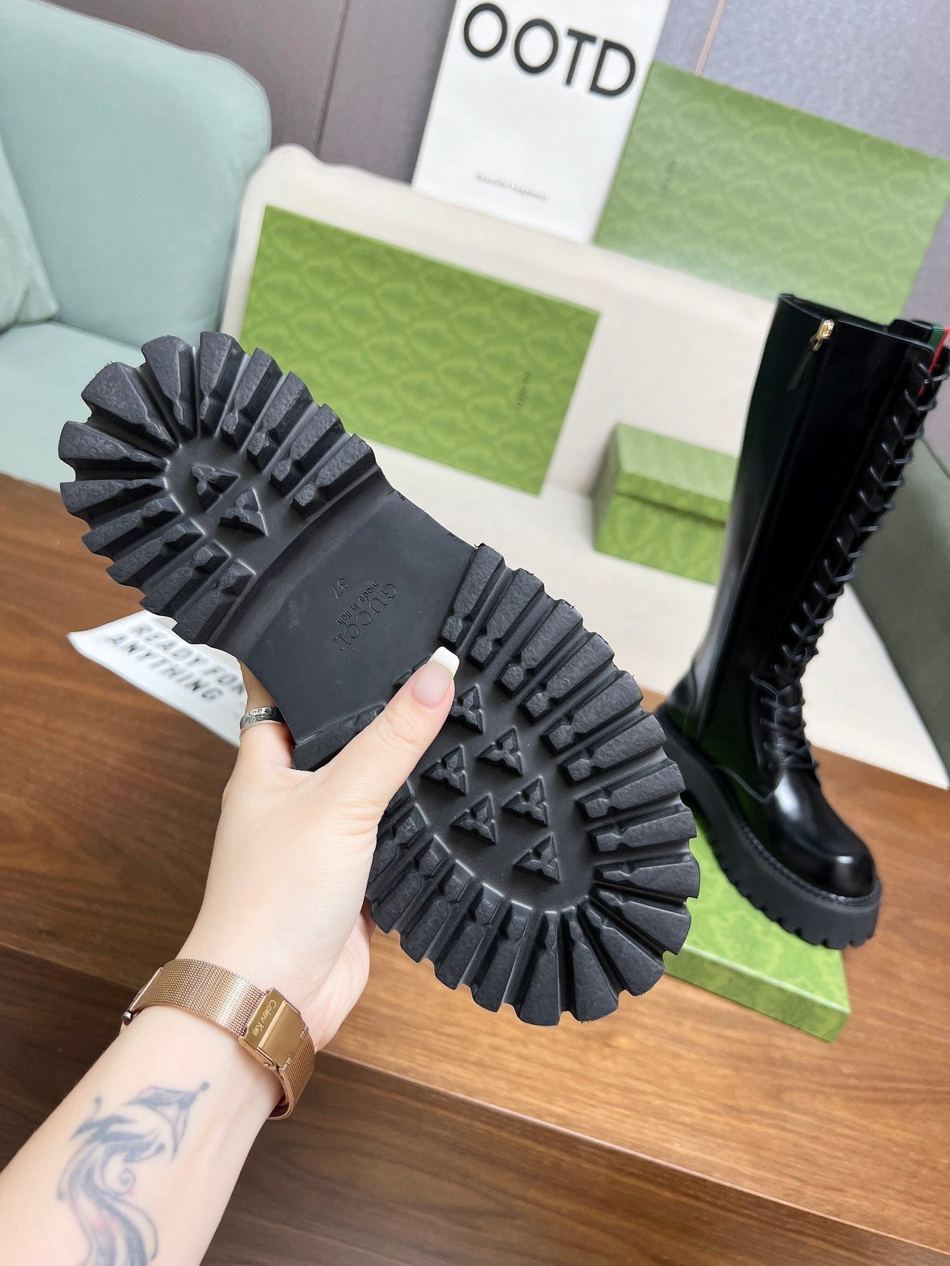 GG MARTIN LACE-UP KNEE BOOTS WITH WEB IN BLACK GLOSSY CALFSKIN