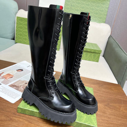 GG MARTIN LACE-UP KNEE BOOTS WITH WEB IN BLACK GLOSSY CALFSKIN