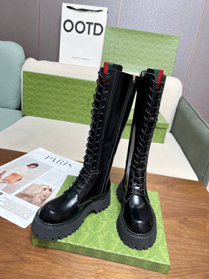 GG MARTIN LACE-UP KNEE BOOTS WITH WEB IN BLACK GLOSSY CALFSKIN