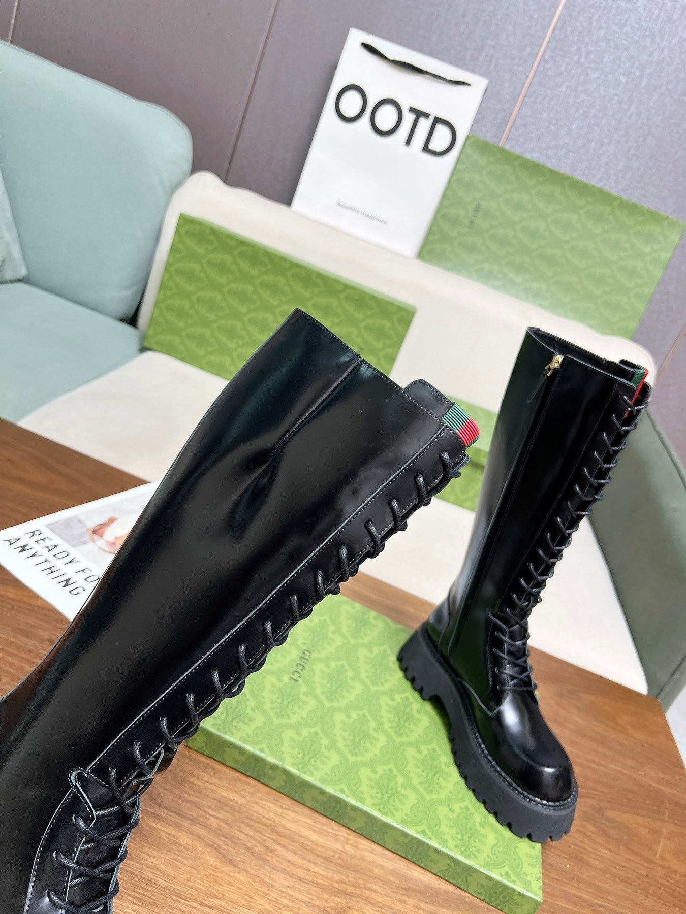 GG MARTIN LACE-UP KNEE BOOTS WITH WEB IN BLACK GLOSSY CALFSKIN