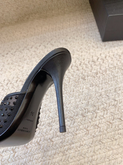 LA 16 HEELED MULES ATTACHED RHINESTONES IN BLACK MESH