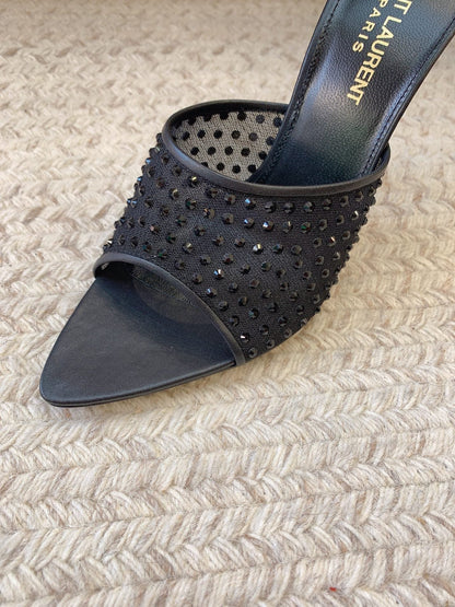 LA 16 HEELED MULES ATTACHED RHINESTONES IN BLACK MESH