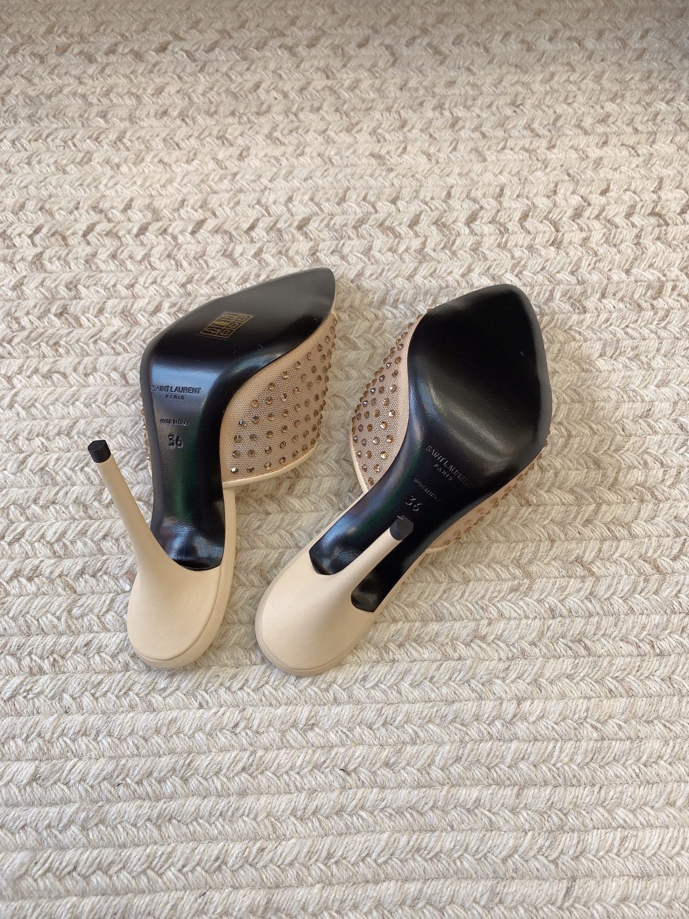 LA 16 HEELED MULES ATTACHED RHINESTONES IN CREAM MESH