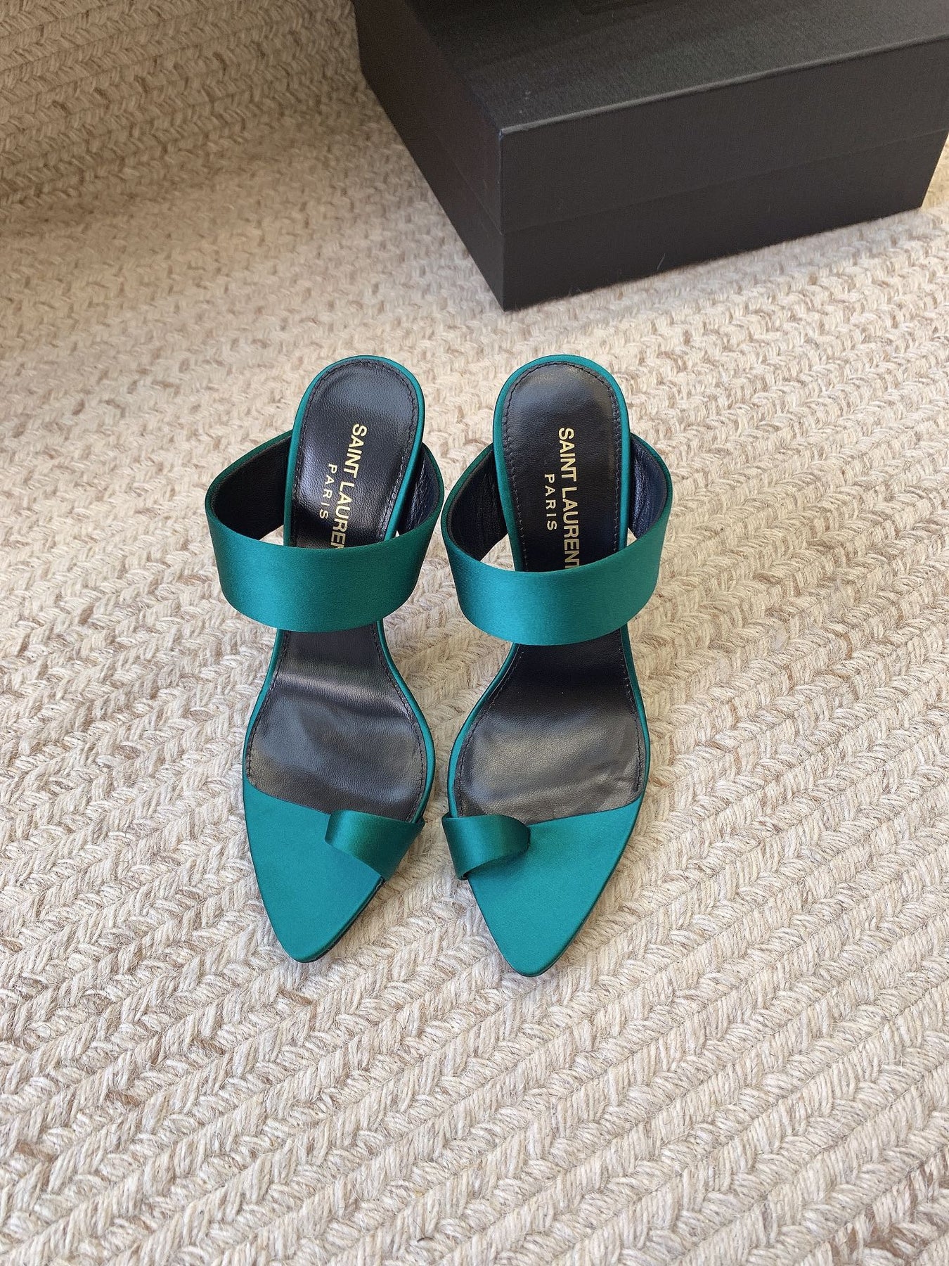 MARTHA POINTED OPEN-TOE HIGH MULES IN TEAL GREEN SILK
