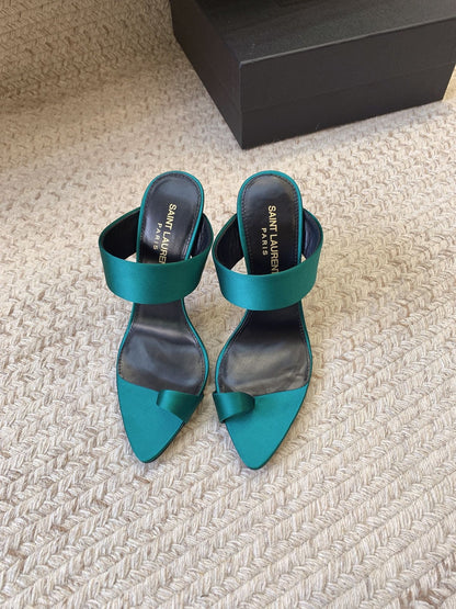 MARTHA POINTED OPEN-TOE HIGH MULES IN TEAL GREEN SILK