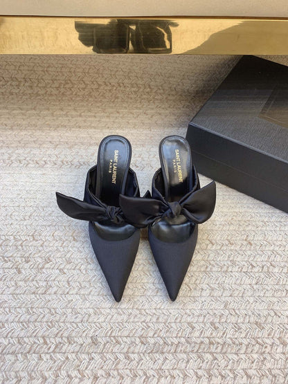 BARBARA BIG BOW MULES IN BLACK SILK