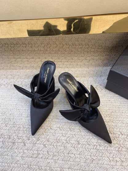 BARBARA BIG BOW MULES IN BLACK SILK