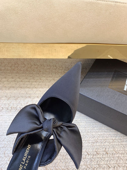 BARBARA BIG BOW MULES IN BLACK SILK
