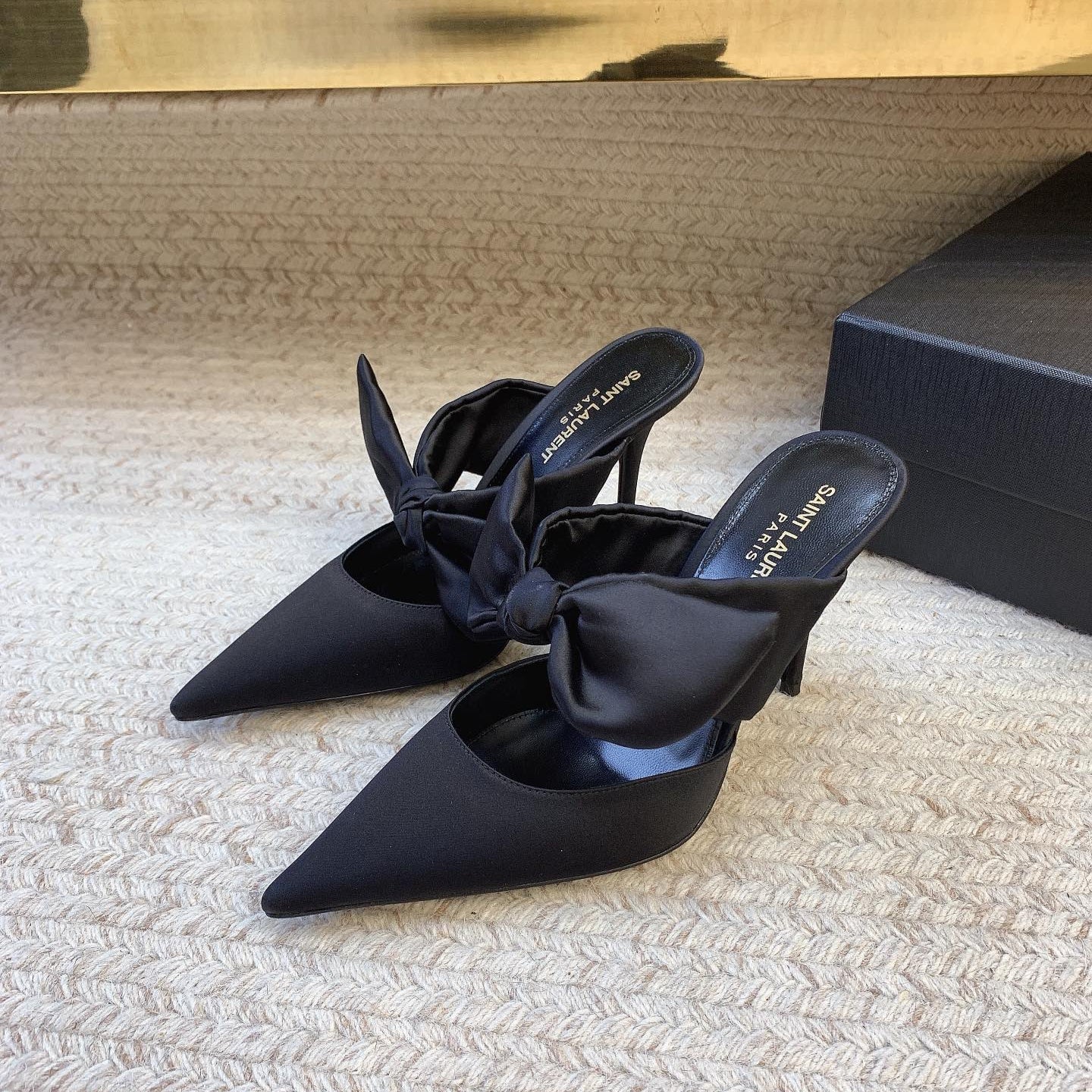 BARBARA BIG BOW MULES IN BLACK SILK