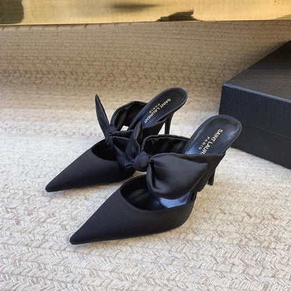 BARBARA BIG BOW MULES IN BLACK SILK
