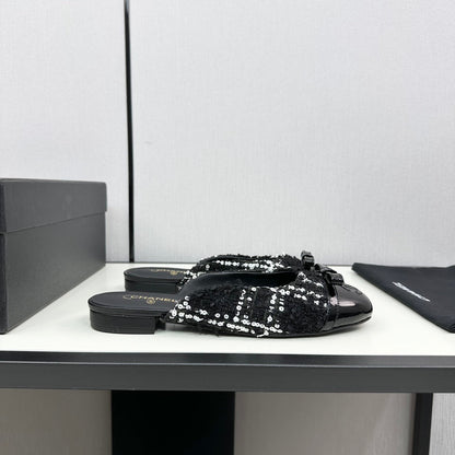 BOW MULE IN BLACK MIX WHITE FUR AND CALFSKIN